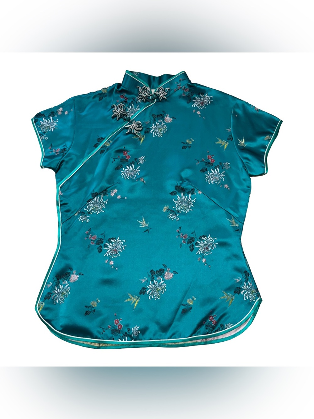 Y2K Teal Traditional Asian Satin Floral Top